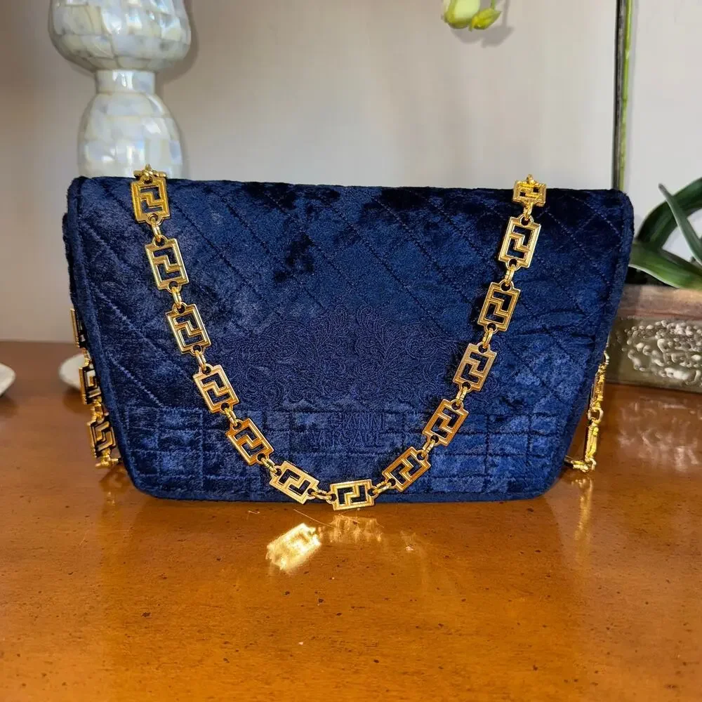 Very Rare Vintage Gianni Versace Blue Velvet Gold Chain Shoulder Bag - Picture 1 of 10